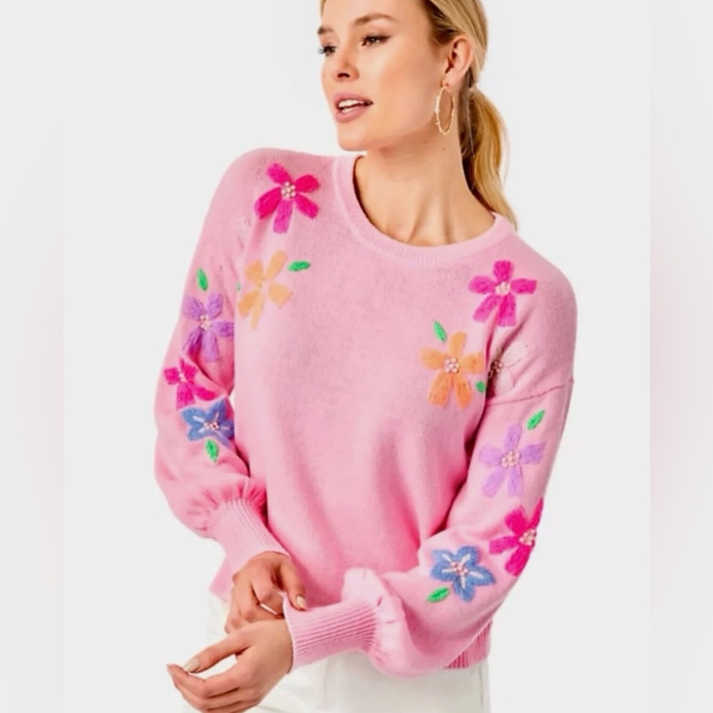 Lilly Pulitzer Laletta Embroidered Floral Sweater with Calla Lilly in Pink NWT